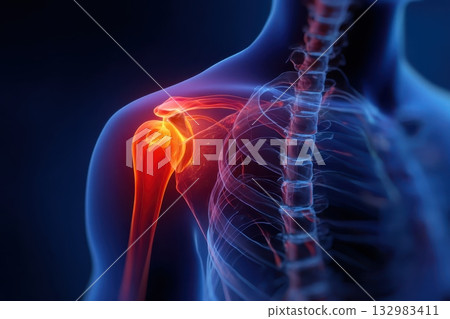 Human figure with shoulder joint ache X-ray illustration human anatomy. Back, neck lumbar pain relief techniques, spinal health in daily life. Red orange back pain sign digital overlay. Inflammation 132983411