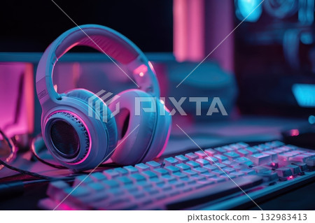 Headphones microphone, keyboard for cyber esports and video games. Workplace Professional gamers cafe room with powerful personal computer. Game chair blue neon color background. Gaming monitor. 132983413