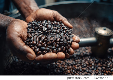 Cooling tray with brown roasted coffee beans. Coffee production industry of Africa. Fresh coffee grains in barista hands. Roaster background. Closeup roasting machine. Modern equipment grain chiller 132983458