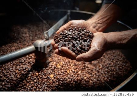 Cooling tray with brown roasted coffee beans. Coffee production industry of Africa. Fresh coffee grains in barista hands. Roaster background. Closeup roasting machine. Modern equipment grain chiller Cooling tray with brown roasted coffee beans. Coffee production industry of Africa. Fresh coffee grains in barista hands. Roaster background. Closeup roasting machine. Modern equipment grain chiller 132983459