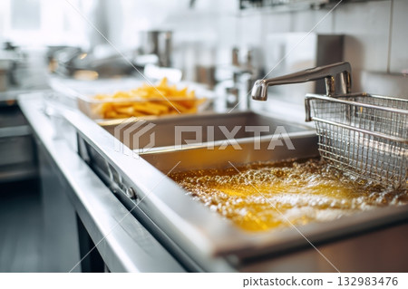 Close up of French fries being deep fried in hot bubbling oil with bubbles and splashes. Fryer with French fries frying close-up with boiling oil. The oil boils for potatoes. Clean kitchen. Fast food Close up of French fries being deep fried in hot bubbling oil with bubbles and splashes. Fryer with French fries frying close-up with boiling oil. The oil boils for potatoes. Clean kitchen. Fast food 132983476