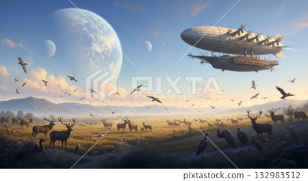 一片宛如異世界的平原，天空佈滿行星，還有一艘齊柏林飛艇。 132983512