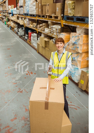 Mid adult female warehouse worker sealing cardboard box with tape dispenser in aisle, copy space 132983787