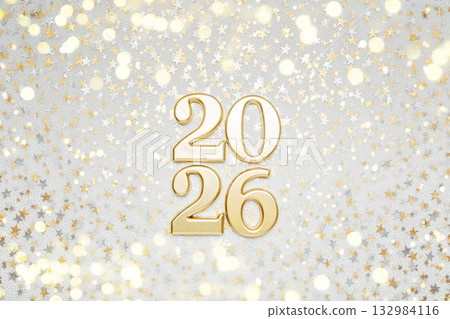 Holiday background Happy New Year 2026. Numbers of year 2026 made by gold candles on bokeh festive sparkling background. celebrating New Year holiday, close-up. Space for text 132984116
