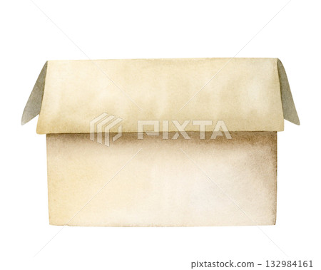 Simple beige open cardboard box watercolor illustration isolated on white, side view. Packaging, moving and transferring minimalist clip art for transportation companies Simple beige open cardboard box watercolor illustration isolated on white, side view. Packaging, moving and transferring minimalist clip art for transportation companies 132984161