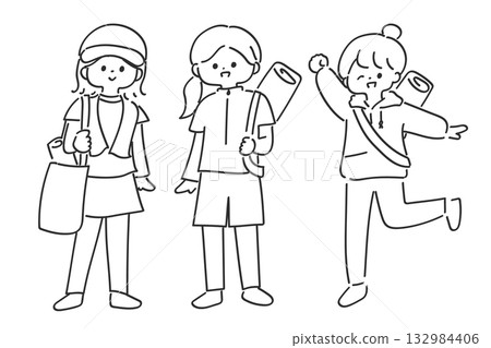 A group of women wearing sportswear. Line drawing. Simple and cute illustration. A group of women wearing sportswear. Line drawing. Simple and cute illustration. 132984406