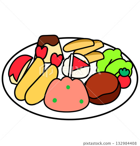 Illustration of a Japanese children's lunch plate. Each food item can be separated into separate parts in vector. 132984408