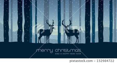 christmas winter border with deer in forest vector illustration 132984722