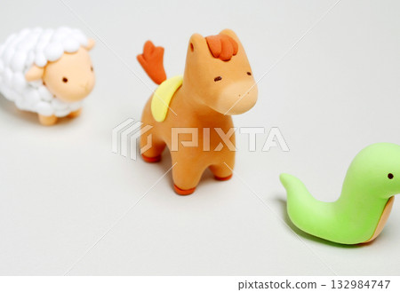 New Year's card with a row of horse sheep, horizontal, no text 132984747