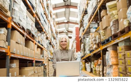 Mature female manager checking inventory on laptop cart among boxes and pallets in warehouse aisle 132985822