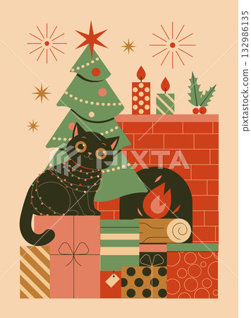 Black Cat With Christmas Garland Festive Scene Black Cat With Christmas Garland Festive Scene 132986135