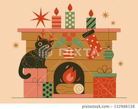 Christmas Festive Scene with Cat Sits by Fireplace Christmas Festive Scene with Cat Sits by Fireplace 132986138