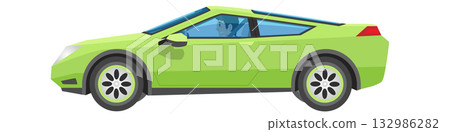 Concept vector illustration of detailed side of a flat green sport car. Can view interior of car with driving man. Isolated white background wide angle view.  132986282