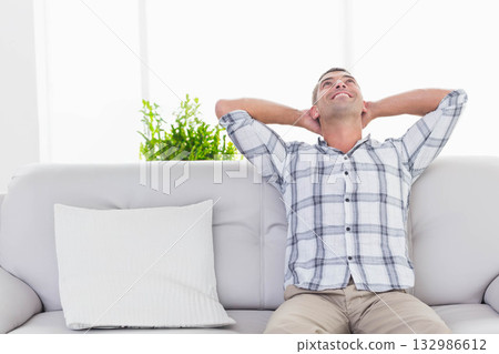 Man leaning back on light-gray leather couch at living room window with plant, pillow, copy space Man leaning back on light-gray leather couch at living room window with plant, pillow, copy space 132986612