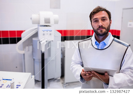 Male radiology technician wearing lead apron at x-ray machine holding tablet in clinic, copy space 132987427
