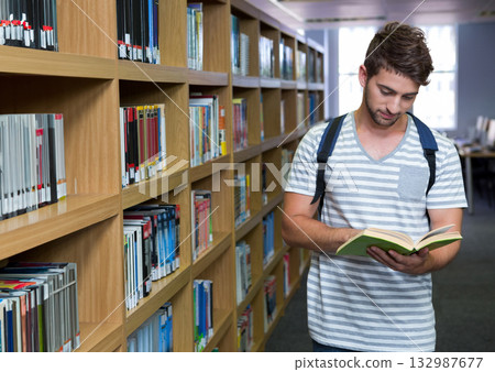 Male student standing and reading book in library aisle by bookshelves wearing backpack, copy space Male student standing and reading book in library aisle by bookshelves wearing backpack, copy space 132987677