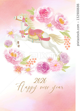 水彩手繪時尚花卉新年賀卡模板 132988686