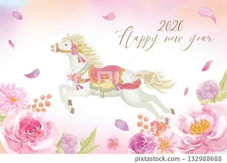 水彩手繪時尚花卉新年賀卡模板 132988688