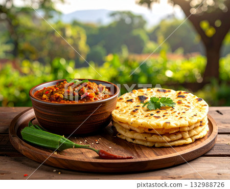 A bowl of South Sudanese kisra flatbread served alongside okra stew and chili sauce outdoors. A bowl of South Sudanese kisra flatbread served alongside okra stew and chili sauce outdoors. 132988726