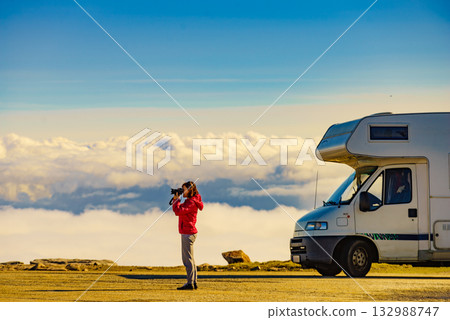 Tourist enjoy mountain view, traveling with caravan 132988747