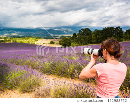 Woman take photo on lavender field, Provence France 132988752