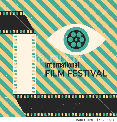 Vintage film festival poster design with an eye and a folded film strip. Cinema flyer in retro style. Vector illustration 132988885