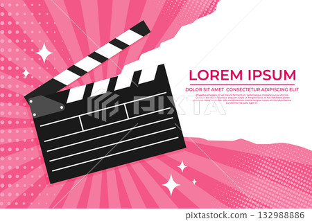 Film festival template with a clapperboard in pop art style. Cinema movie background with a film slate. Vector illustration 132988886
