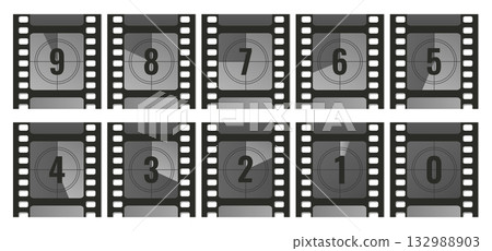 Collection of retro cinema timer counters. Countdown film strip frames with numbers. From 9 to 0. Vector illustration Collection of retro cinema timer counters. Countdown film strip frames with numbers. From 9 to 0. Vector illustration 132988903