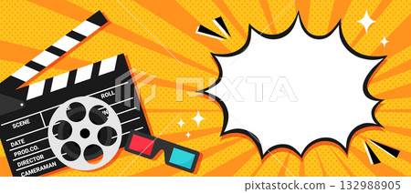 Bright vector cinema movie banner in pop art style. Background decorated with dots, rays and speech bubble 132988905