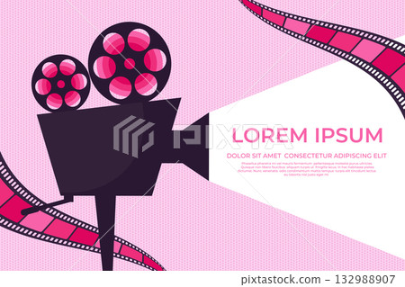 Movie template design with a retro camera and film strips. Cinema movie background. Vector illustration 132988907
