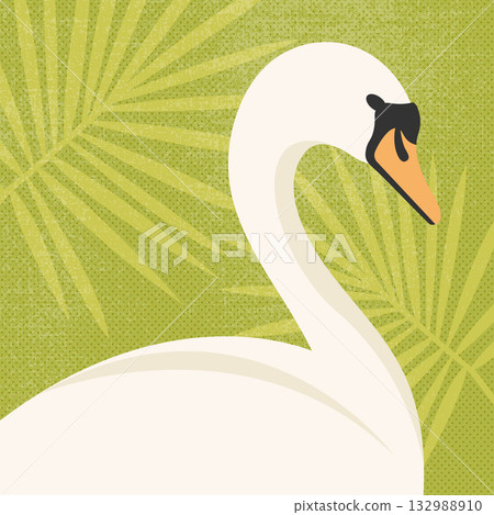 Beautiful swan portrait on grunge dotted background decorated with leaves. Bird shadow. Vector illustration Beautiful swan portrait on grunge dotted background decorated with leaves. Bird shadow. Vector illustration 132988910