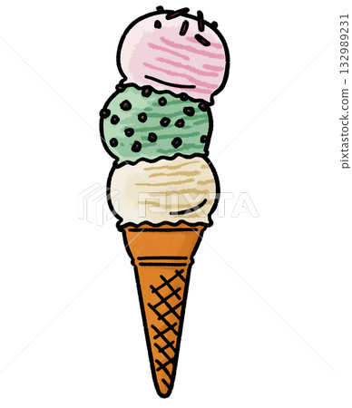 Simple hand-drawn illustration of ice cream (triple) 132989231
