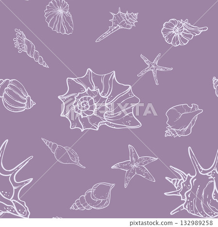 line art illustration of various seashells and starfish on a deep ocean background. Marine elements drawn in a minimal elegant style. 132989258