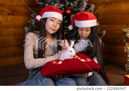 girls in Santa hats are holding a rabbit on a red pillow, celebrating Christmas. 132989347