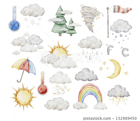 Large watercolor weather icon. Hand drawn big illustration set with temperature, sun, rain, snow, cloud, storm, for climate forecast. Meteorology 132989450