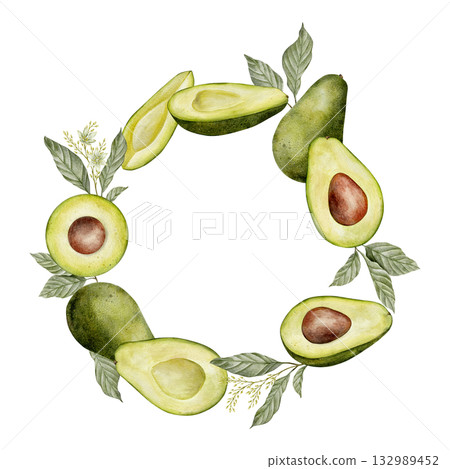 Circle avocado wreath. Watercolor fruit leaves and flowers illustration. Hand drawn botanical drawing. Green plant on isolated background for food, cosmetic packaging design, card, invitation. 132989452