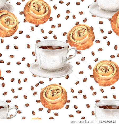 Seamless pattern with coffee cups, watercolor cinnamon swirl buns, and scattered coffee beans on white background. Design for bakery branding, cafe textile, digital paper, or pastry packaging. Seamless pattern with coffee cups, watercolor cinnamon swirl buns, and scattered coffee beans on white background. Design for bakery branding, cafe textile, digital paper, or pastry packaging. 132989658