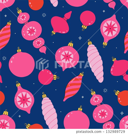 Seamless pattern with pink Christmas ornaments on a blue background. Vector graphics. 132989729