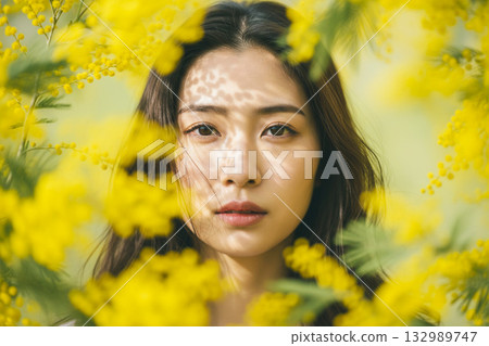 Woman Surrounded by Mimosa Flowers International Women's Day 132989747
