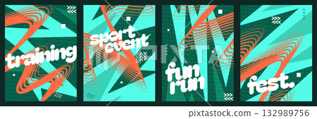 Abstract Sports Poster Collection with Geometric Shapes and Wavy Line Elements. Banner, Poster, or Cover Template for Sports, Fitness, Workout, Gym, Flyer, or Music Festival 132989756