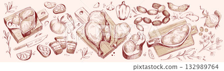 Raw meat piece with vegetable sketch set Raw meat piece with vegetable sketch set 132989764