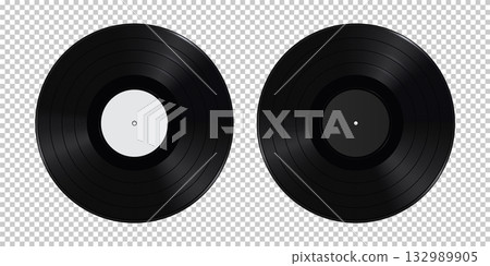 Vinyl record set. Two black vinyl discs with grooves and blank labels on transparent background. Retro music concept, vintage audio media, old-fashioned LP collection. Realistic vector illustration Vinyl record set. Two black vinyl discs with grooves and blank labels on transparent background. Retro music concept, vintage audio media, old-fashioned LP collection. Realistic vector illustration 132989905