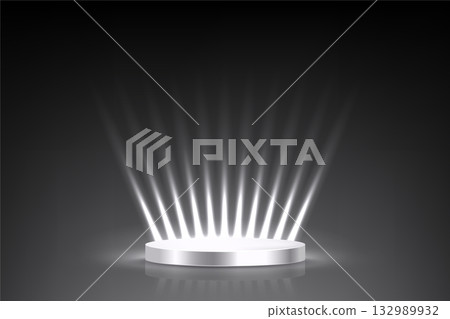 Silver award podium. Anniversary empty stage with glowing light rays on black background. Template for celebration birthday or jubilee, winner ceremony. Vector illustration Silver award podium. Anniversary empty stage with glowing light rays on black background. Template for celebration birthday or jubilee, winner ceremony. Vector illustration 132989932