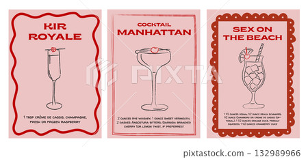 Retro whimsical cocktail recipe cards for Kir Royale, Manhattan, and Sex on the Beach. Hand drawn illustrations with playful borders. Classic bar drinks for party decor, graphic prints, menu design. Retro whimsical cocktail recipe cards for Kir Royale, Manhattan, and Sex on the Beach. Hand drawn illustrations with playful borders. Classic bar drinks for party decor, graphic prints, menu design. 132989966
