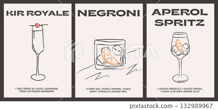Retro cocktail recipe cards set. Kir Royale, Negroni, Aperol Spritz. Hand drawn illustrations, classic drink ingredients, bold typography for bar decor, prints, social media, creative menu design. Retro cocktail recipe cards set. Kir Royale, Negroni, Aperol Spritz. Hand drawn illustrations, classic drink ingredients, bold typography for bar decor, prints, social media, creative menu design. 132989967