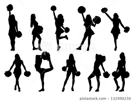 Cheerleader silhouette vector set with dynamic pom-pom poses 132990230