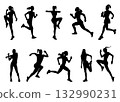 Female runner silhouette vector set with dynamic athletic poses 132990231