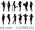 Hand-drawn pin-up female silhouette vector set with stylish vintage poses 132990232