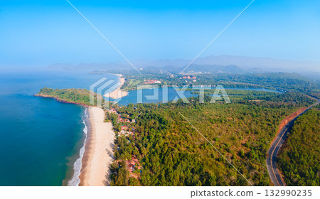 Galgibaga Beach aerial panoramic view in Goa, India Galgibaga Beach aerial panoramic view in Goa, India 132990235