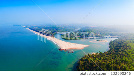 Galgibaga Beach aerial panoramic view in Goa, India Galgibaga Beach aerial panoramic view in Goa, India 132990246